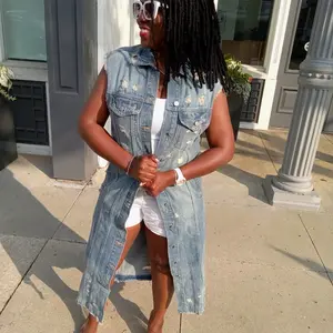 Women's Sleeveless Long Distressed Denim Jacket Vest Cotton