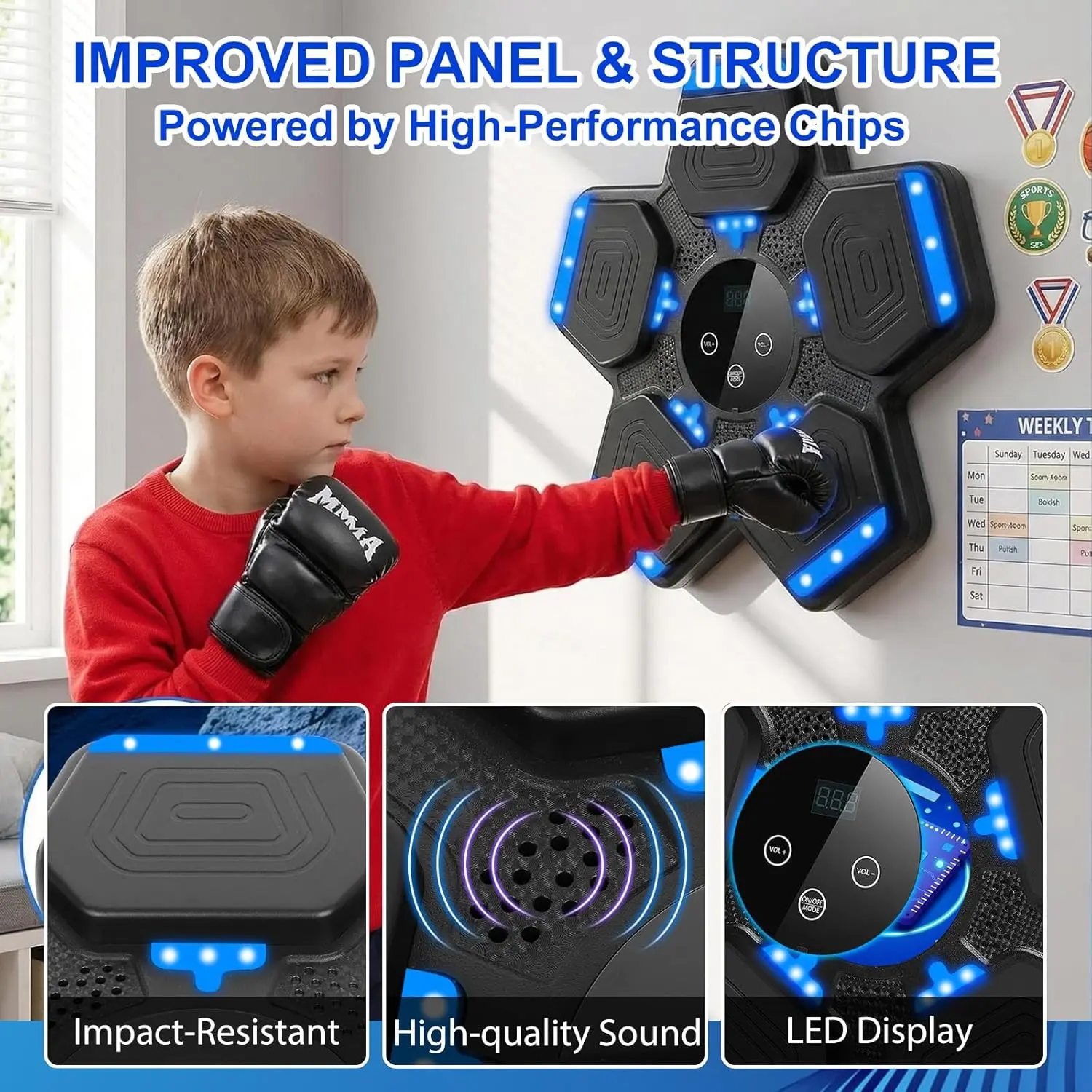 Kids Boxing Wall-Mounted Plastic Punching Pad - Interactive Play Boxing Machine with 5 LED Light Targets, Bluetooth, Gloves, Punching Dummy Pads, Led Lights, Martial Arts, Motivates Kids