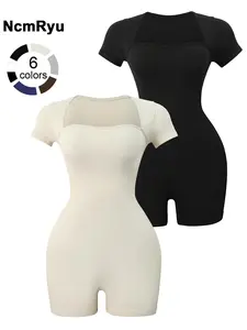 Women's High Elasticity Sports Jumpsuit, Square Neck Tight Fit Short Sleeve Gym Yoga, Outdoor Training Wear