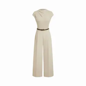 Cider High Neck Draped Mid Rise Wide Leg Jumpsuit With Belt