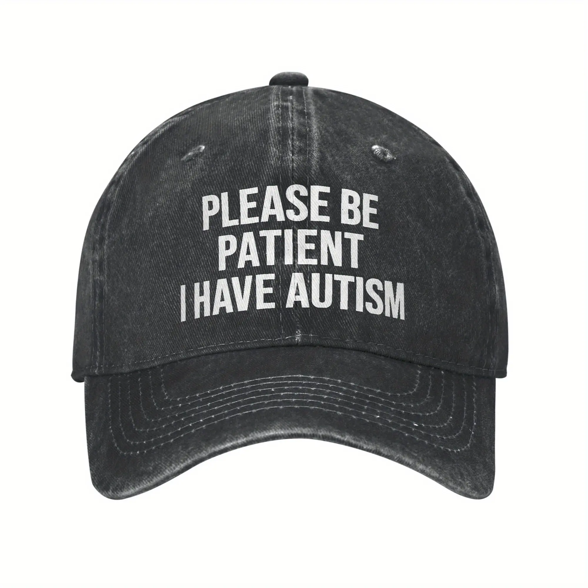 Unisex Autism Awareness Print Baseball Cap - Black Fabric, "Please Be Patient I Have Autism" Text, Wide Brim, Casual Relaxed Fit, Adjustable Strap, Fits Most Head Sizes, Hand Wash Only, Line Dry