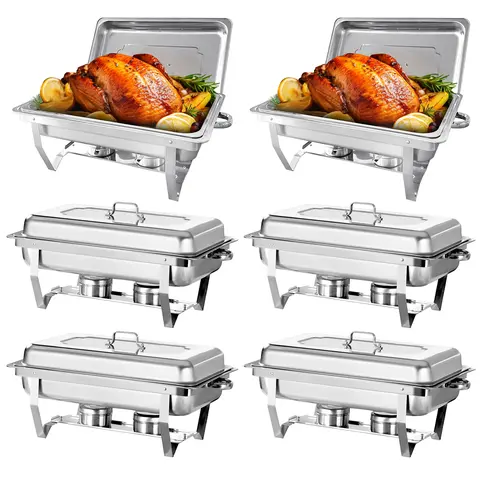 Full Size Chafing Dish 6-Dish Buffet Set with 6-Pack Coverage, 8 QT Stainless Steel Pans, Lids, Water Pan, Fuel Holders & Tray, 22.9 x 14.2 x 11.6 Inch, Easy to Store for Restaurant Catering, Weddings