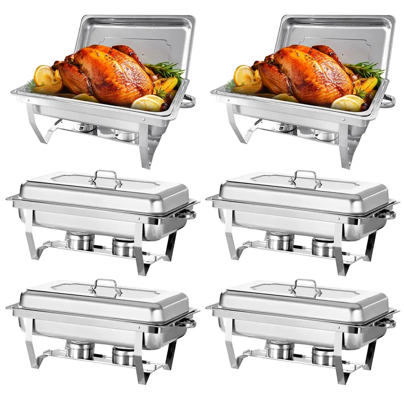 Full Size Chafing Dish 6-Dish Buffet Set with 6-Pack Coverage, 8 QT Stainless Steel Pans, Lids, Water Pan, Fuel Holders & Tray, 22.9 x 14.2 x 11.6 Inch, Easy to Store for Restaurant Catering, Weddings
