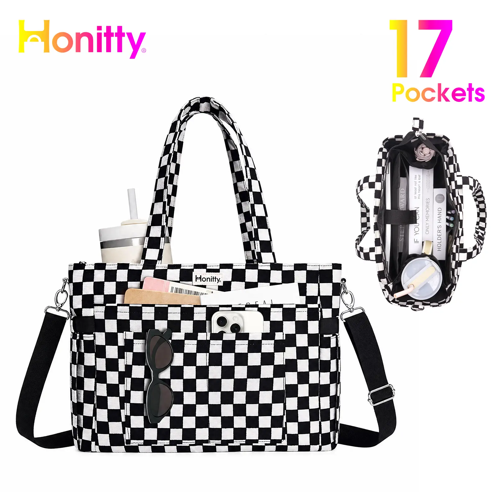 HONITTY Women's Plaid Checkered Corduroy Work Tote Bag - Convertible Slip-On Crossbody with 15.6in Laptop Sleeve, 40oz Cup Holder, Multiple Pockets, Adjustable Straps, Back to School Haul Essential