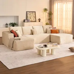 Compress Sectional Boneless Corduroy Cloud Sofa 133x70 Extra-Large Retro-Chic Fabric 7 Pillows Modular U-Shaped Movable Ottoman No Assembly Pet Kid Friendly Fluffy Memory Foam Modern Couches for Family Living Room