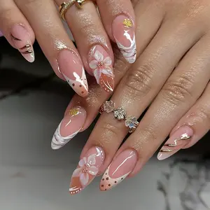 New Almond Shape Ice Flower Nail Art, Polka Dot French Star Design, Fashionable False Nails, European Style, All Seasons, Detachable