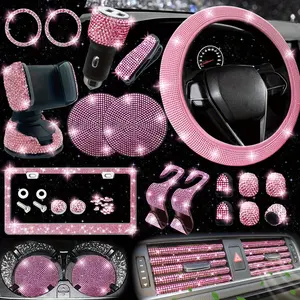 Rhinestone Car Interior Decoration Set, Car Steering Wheel Cover & License Plate Frame & Phone Holder & Coasters, Car Interior Accessories for Women