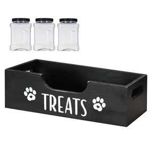 Wooden Pet Snack Storage Box with 3 Plastic Treat Jar Dog Food Storage Holder Large Capacity Airtight Dog Treat Bin for Pet Gift Supply Accessories