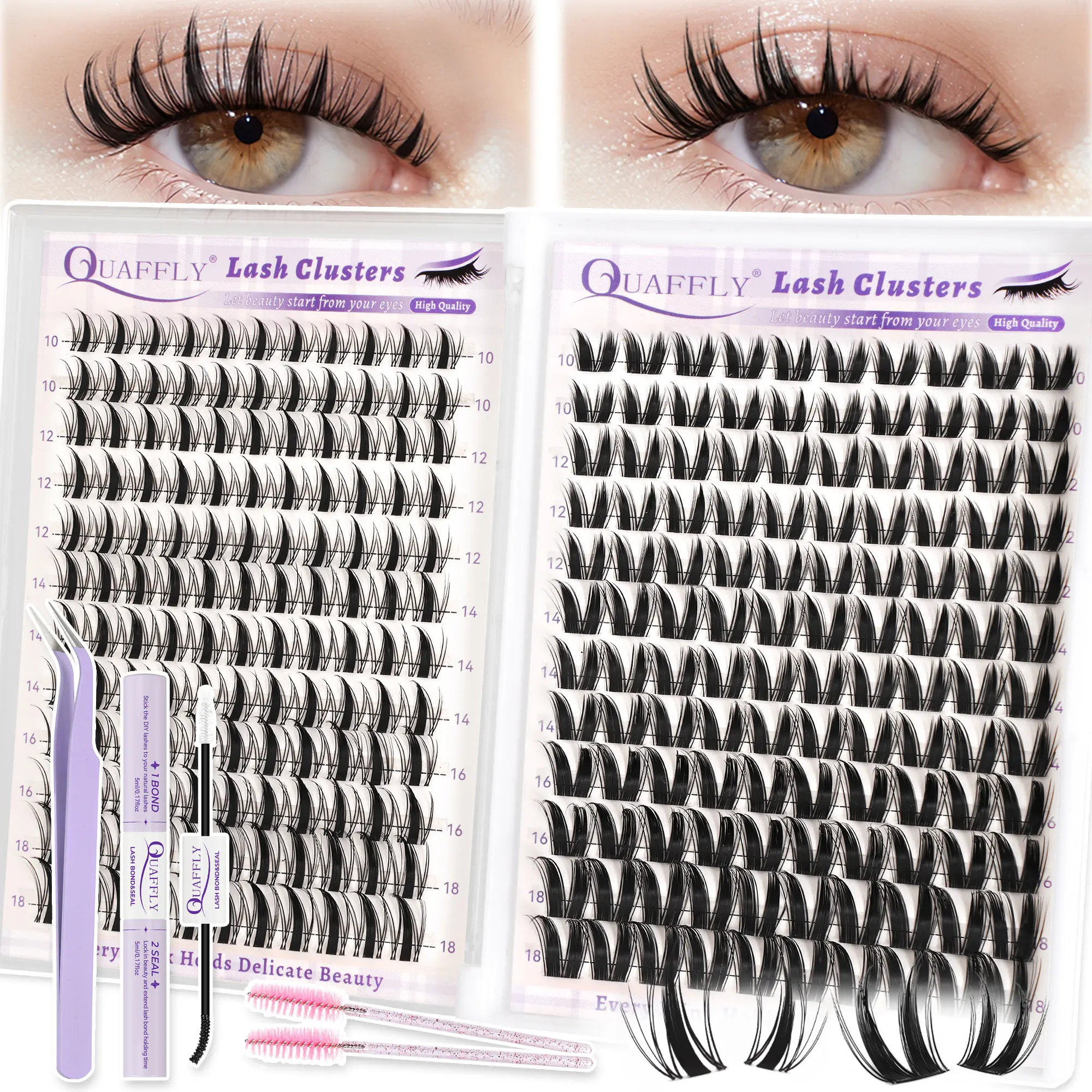 QUAFFLY Bunny Lash Clusters Kit +Fairy Lash Clusters Kit 252Pcs Manga Eyelash Clusters with Spikes 10-18mm Natural Lash，With Lash Bond And Seal Lash Brush And Lash Tweezer DIY At Home