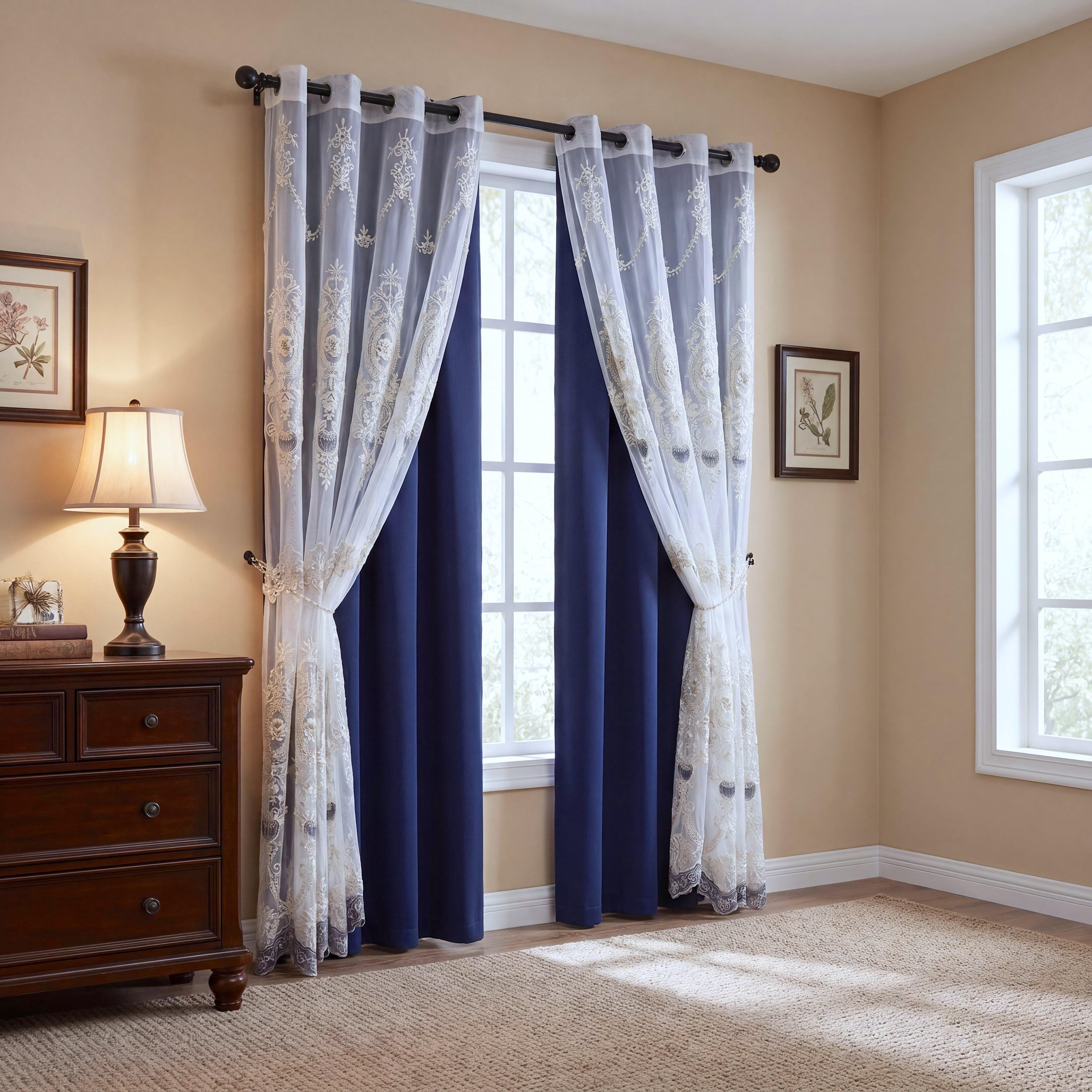 4 Panels Combination Grommets Curtains Including : 2 Panels 52x84 inch Solid Blackout Curtains & 2 Panels 52x90 inch Luxuary Embroidery Curtains QF222 QF78 noise reduction