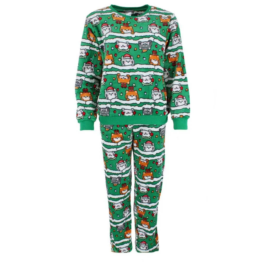 em & alfie Women's Christmas Kitty Plush Folded Gift Pajama Set, Long Leg Pajama Sets, Nightwear, Pullover