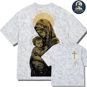 Vintage Mineral Wash Graphic Tee Oversized Streetwear T-Shirt Heavyweight Boxy Top Retro Gothic Virgin Mary Child Print Religious Cross Luxury Washed Apparel