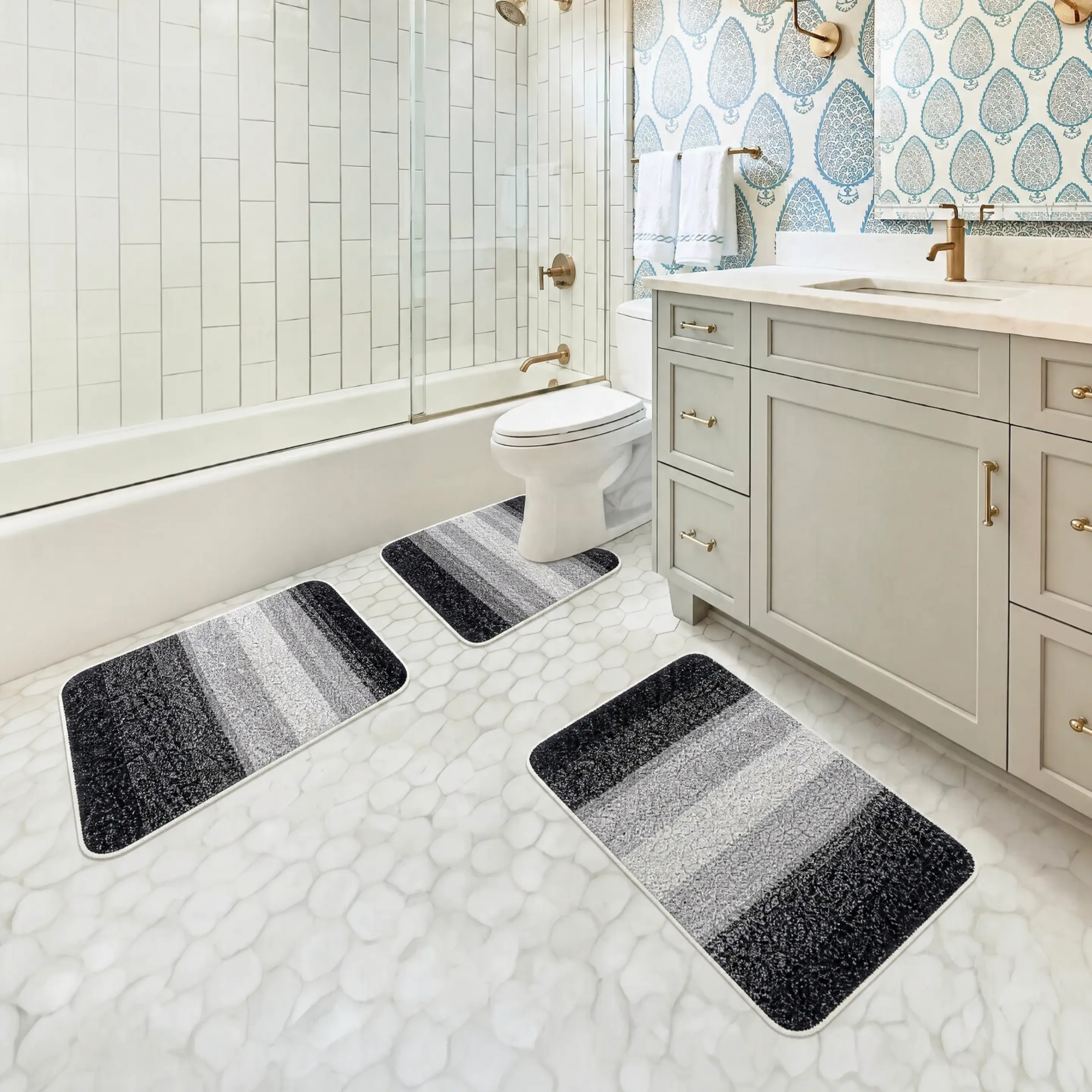 3 Piece Bathroom Rug Set, Soft Microfiber Absorbent Bath Mat with U‑Shaped Contour Mat & Toilet Lid Cover, Quick Dry Washable Bathroom Mats