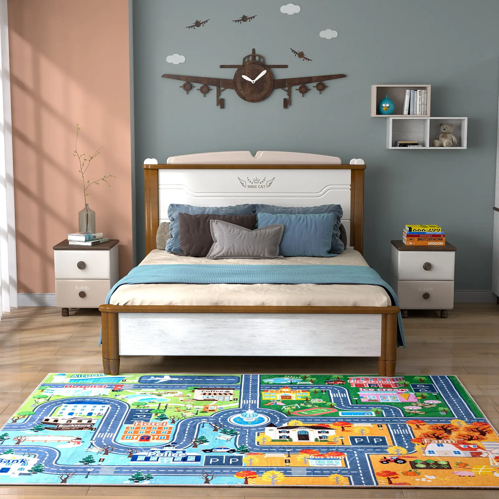 【Back to School】MUGORN Kids Rug for Playroom Classroom, city race track style carpet, ABC alphabet and numbers learning carpet, educational bedroom mat, washable carpet for boys' room, suitable for preschool and nursery