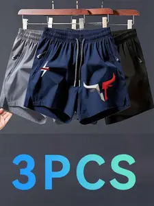 3-Pack Bull & Lightning Print Quick-Dry Gym Shorts, Men's Zip Pocket Elastic Waist Fitness Shorts, Lightweight Breathable Summer Training Shorts