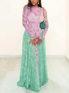 Women's Sexy Slim-Fit Long Sleeve Dress, Creative 3D Digital Print Mesh Colorblock Design, Fall Fashionable