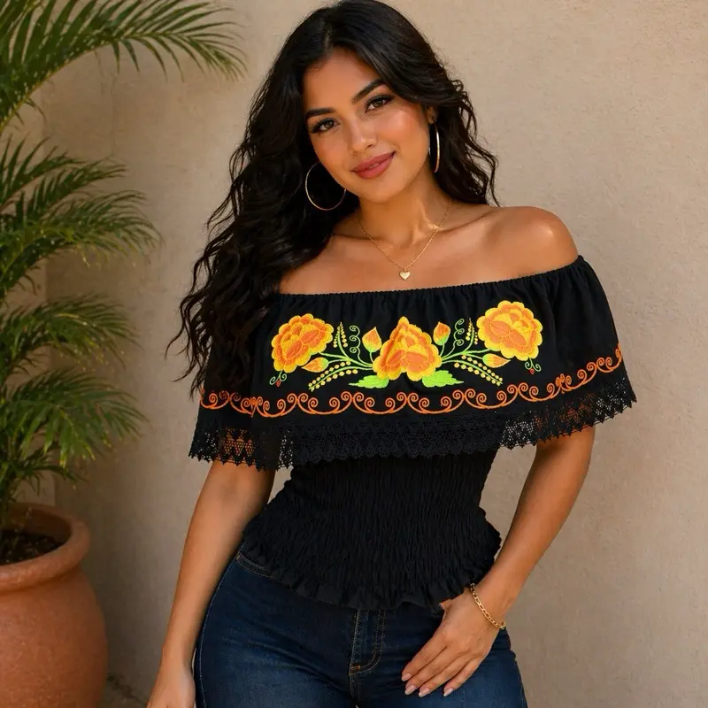Rosa Blouse - Off the Shoulder Top with Vibrant Floral Embroidery and Elastic Waist Cotton Top
