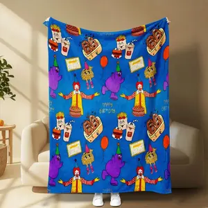2025 New Flannel cartoon styleMcDonald’s birthday party themed flannel blanket featuring Ronaldand cakes in colorful cartoon style. skin-friendly and warm for all seasons. Perfect for sofa, bed, office nap, or travel, fun decor and gift cho