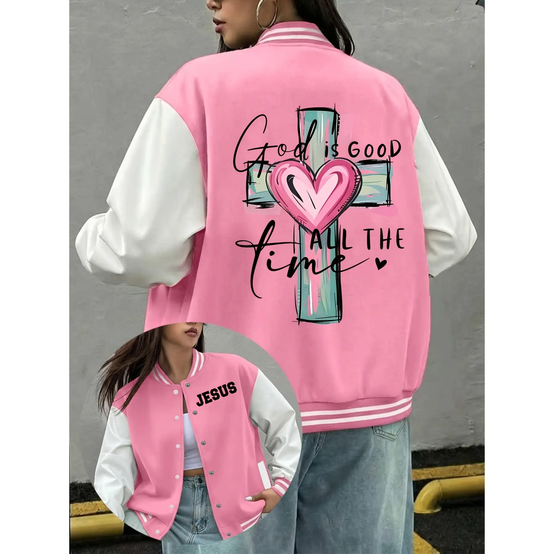 God Is Good All The Time Cross Heart Print Jesus Letter Women Baseball Jacket Long Sleeve Easter Christmas Gift