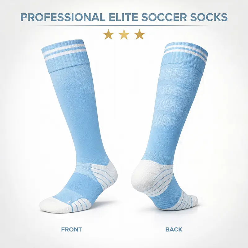 JUPICHUBI Premium Pro Soccer Socks Sky Blue & White Match Day Cushioned Grip Football Socks for Global Tournament Fans, Breathable Sports Knee-High Socks