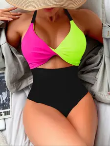 Women's Colorblock Cut Out One-pieces High Waisted Swimsuit, Casual Sleeveless Swimwear for Beach Holiday Vacation, Ladies Swimsuit for Summer