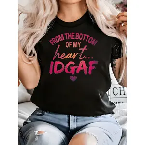 Women's Black IDGAF Heart Print T-Shirt 100% Cotton Crew Neck Short Sleeve Casual Summer Graphic Tee Top Womenswear Streetwear Tshirt Crewneck Fitted
