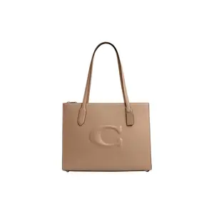 Coach Logo Magnetic Snap Tote Bag for Women – Premium Calfskin, Silver and Gray-Brown