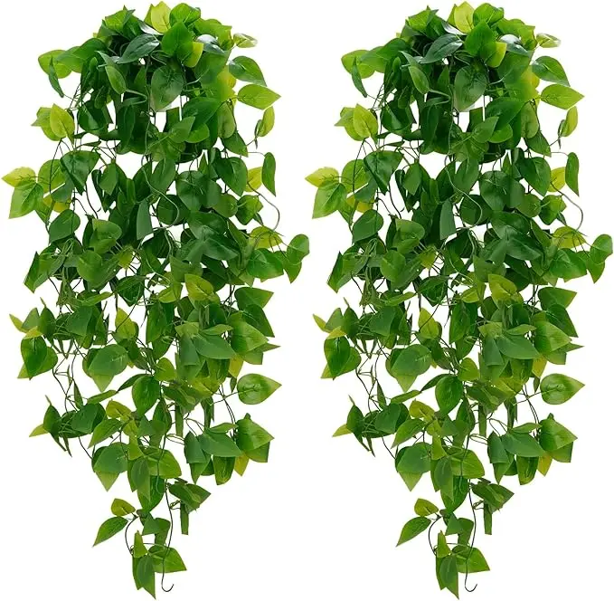 Fake Hanging Plants, 4pcs Artificial Hanging Plant, Faux Pothos Vines Hanging Plant Greenery for Wall Home Living Room Indoor Outdoor Decor (No Baskets)