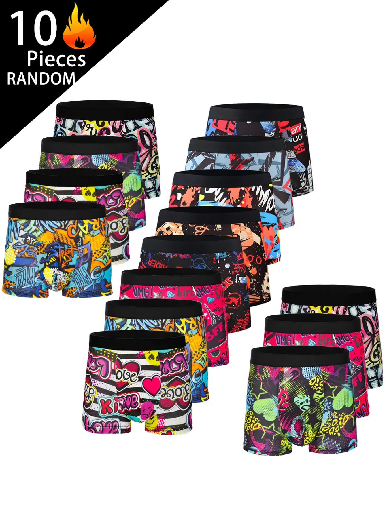 Men's Fashion Long Underwear Set, Comfortable Soft Graffiti Print, Casual Stylish Fitted Boxers Briefs, All Seasons, Streetwear Underwear, Casual Comfy Underwear, Casual Style Underwear, 10 Pcs Pack