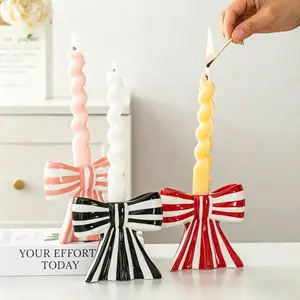 Ceramic Striped Bow Candle Holder with 2 Scented Twisted Candles