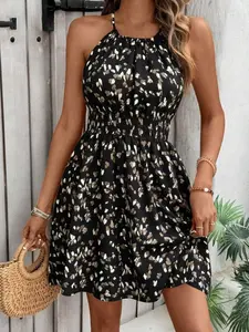 Women's Boho Summer Casual Dress - Sleeveless Halterneck Geometric Print Midi Dress with Ruffle Hem and High Waist - Fabric, Casual