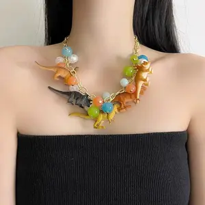 Exaggerated Three-Dimensional Color Dinosaur Pendant Necklace for Men Women 2025 New Sweet Cool Fashion Trend Beaded Necklace