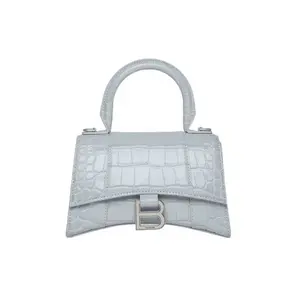 Pre-owned Balenciaga Paris smog blue crocodile embossed hourglass bag with silver buckle, size XS