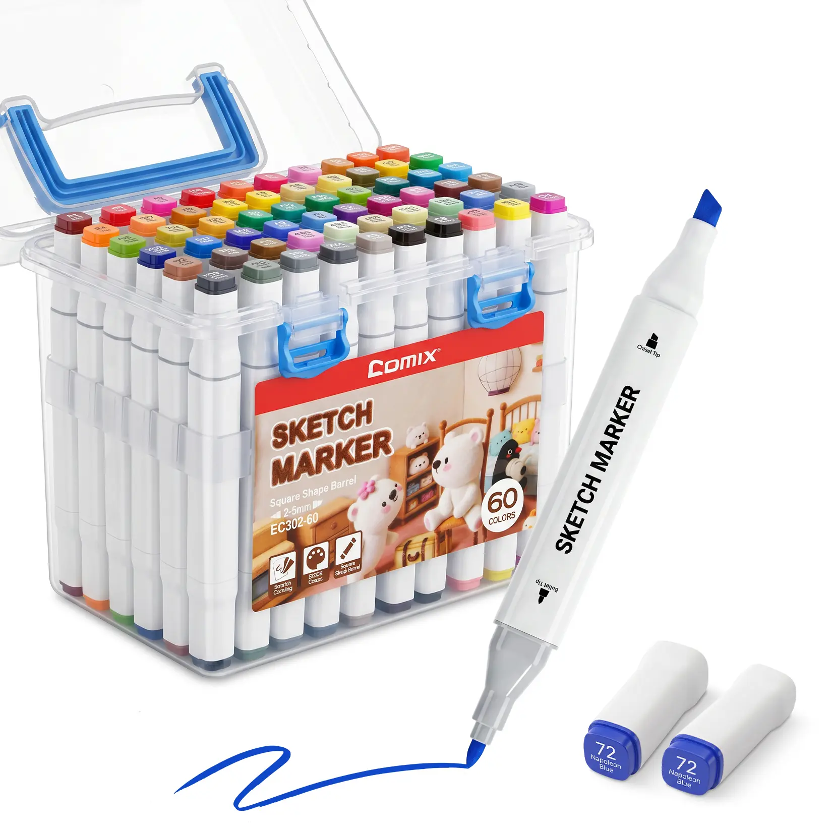 Comix 12/24/48/60/80 Square Alcohol Art Markers Set with Clear Tote Storage Bin, Dual Tip (Bullet & Chisel) Non-Roll Permanent Markers for Adult Coloring Books, Alcohol Based Marker Set for Drawing & Sketching