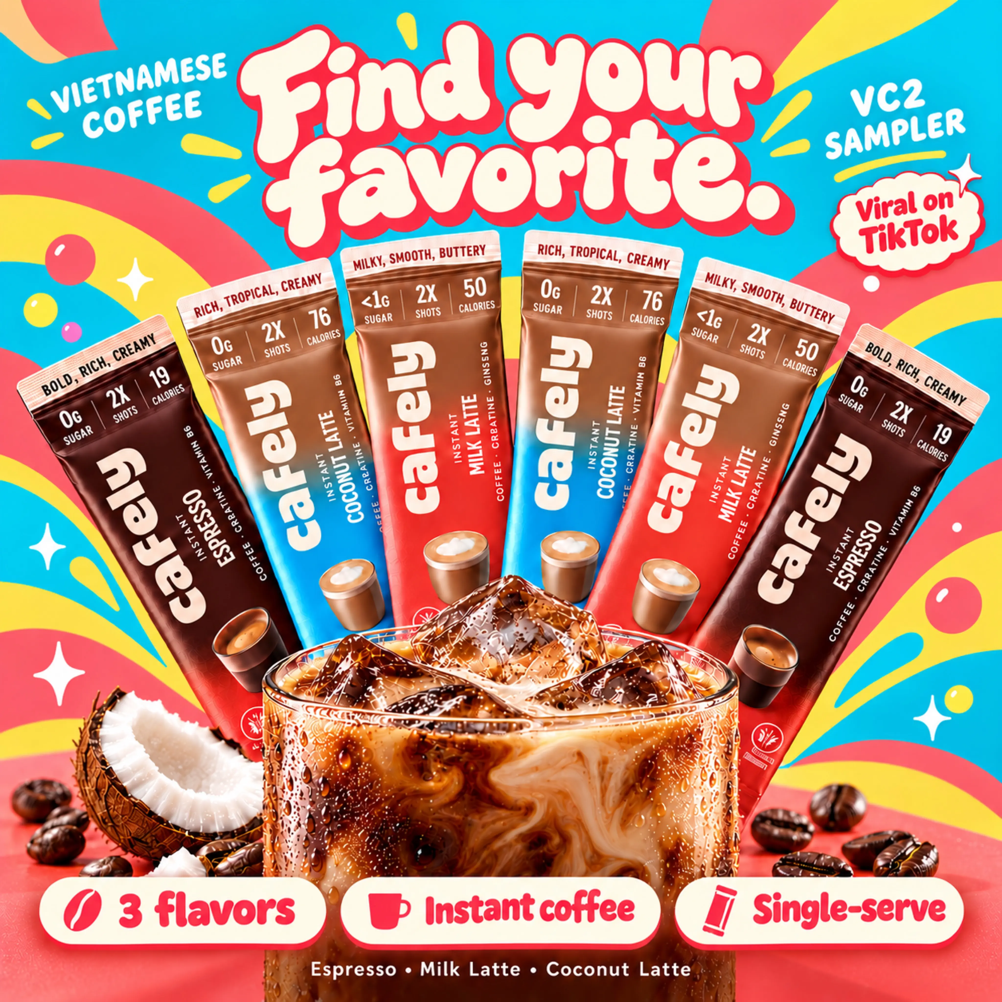Cafely VC2 Vietnamese Performance Coffee Sampler (6 Sticks, 3 Flavors) – 150mg 2X Caffeine Double Espresso + Nootropic Brain Stack (Lion’s Mane, L-Theanine, Ginseng) – 0g Sugar, Zero Crash