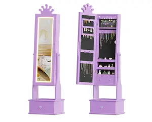 Garvee Jewelry Armoire with LED Light, Freestanding Organizer Featuring Full-Length Mirror and 3 Storage Drawers, Vanity Dress Up Mirror Cabinet in Purple for Young Users