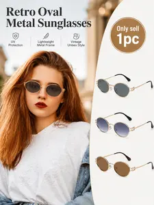 Retro Oval Metal Sunglasses for Women and Men, Small 90s Gold Frame Sun Glasses with UV Protection, Trendy Narrow Round Shades, Cute Designer Chic Oval Shades, for Everyday Style, Driving, Beach and Party