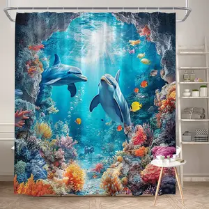 1Pc Dolphin Ocean Shower Curtain Underwater Scene with Colorful Coral and Fish Polyester Fabric Bath Hanging Curtain Bathroom Decor 70.8x70.8 Inch with Hooks