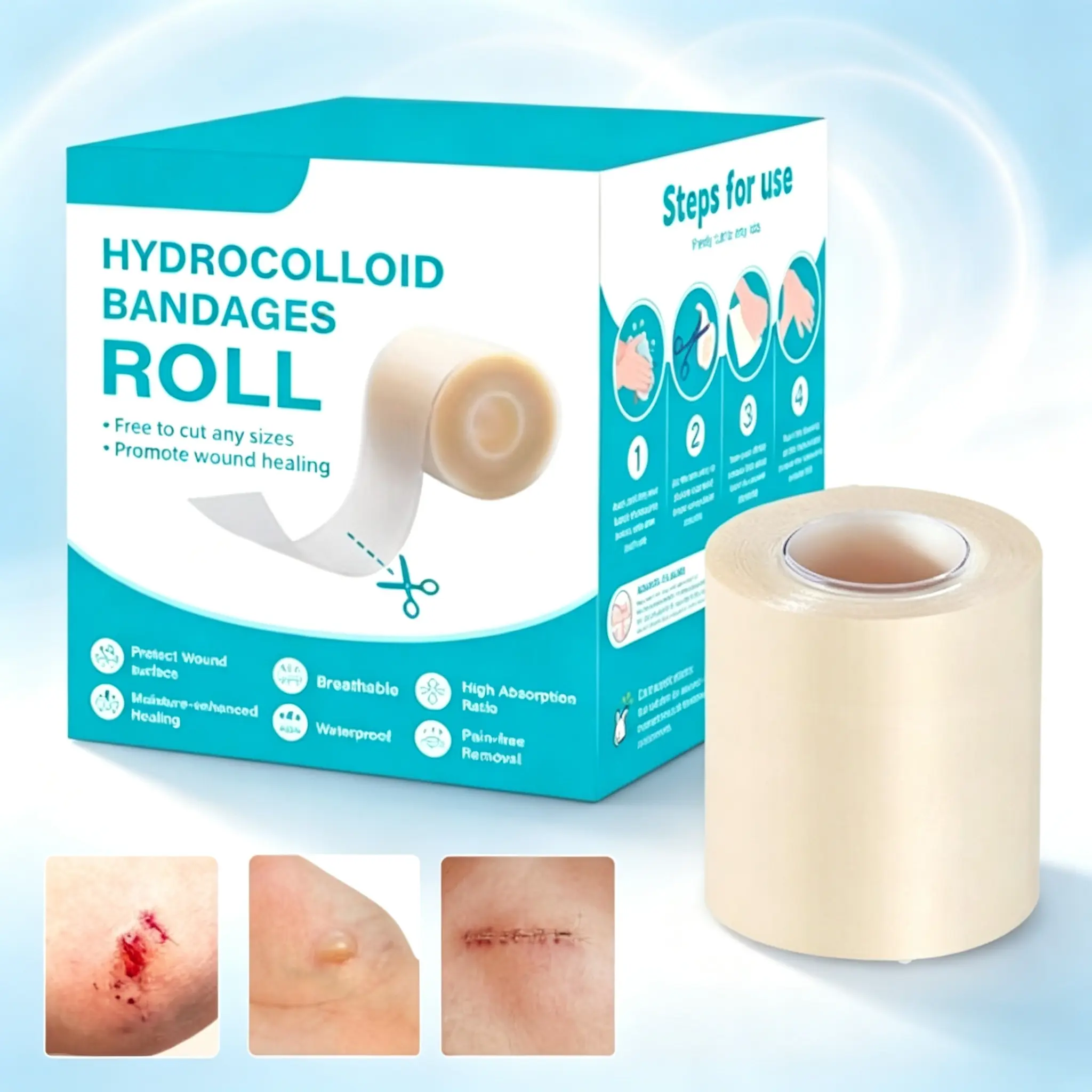 Hydrocolloid Roll for Wound (1.96in x 60in/1.5M), Hydrocolloid Bandages with Self-Adhesive,  Cut-to-Fit for Blisters ,Wound Care, Acne, Pimple Care and First Aid Kits