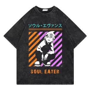 Japanese animation soul eater washed T-shirt men's summer street wear oversized old cotton versatile 5trendy men's clothing