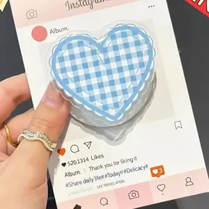 Gingham Heart Phone Grip, Blue Checkered MagSafe Phone Holder, Cute Kawaii Stand, Gift for Friends