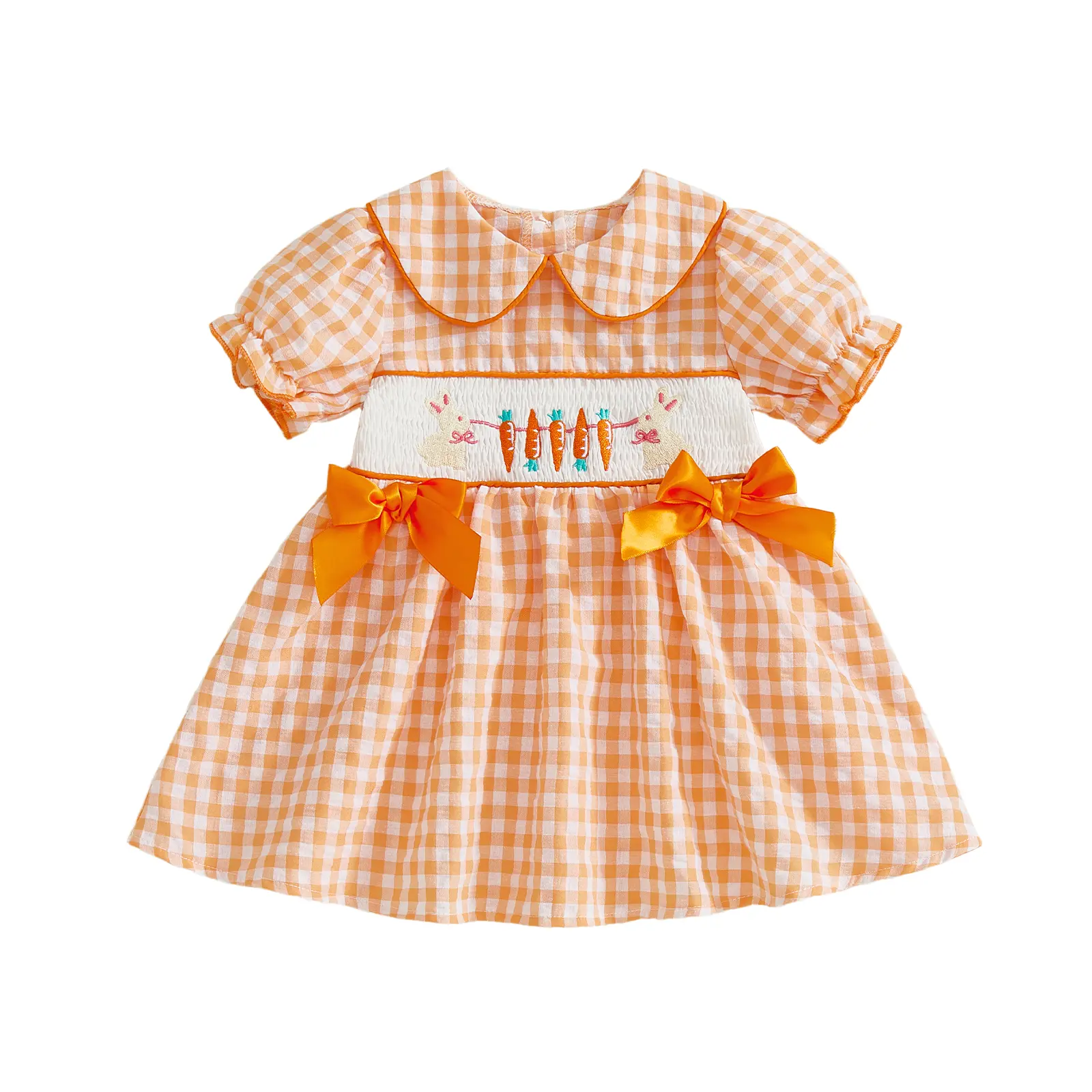 Infant Toddler Girl Easter Dress Bunny Carrot Embroidery Bow Plaid Puff  Short Sleeve Smocked A Line Dresses Kids Plaid Spring Clothes - TikTok Shop