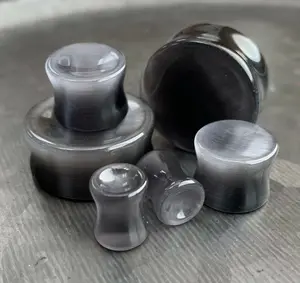 PAIR of Stunning Concave Grey Cat Eye Double Flare Stone Plugs - Gauges Gauges 2g (6mm) up to 1" (25mm)