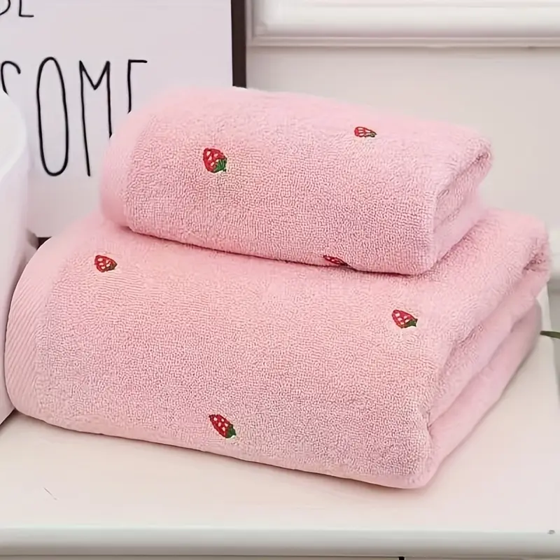 2-piece strawberry embroidered pure cotton towel set 13.38*29.53+27.56* 55.12inch Soft and skin-friendly headband, face towel, bath towel for home and hotel gifts