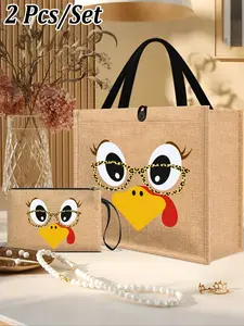 Linen Buckle Handbag with Fun Turkey Print, Personalized Thanksgiving Gift Bag, Multifunctional Makeup Pouch, Unisex Carryall