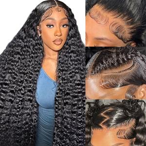 [30 inch only $109] 13x6 Deep Wave Lace Front Wig Human Hair Pre Plucked Natural Hairline 200 Density Transparent Lace Front Wigs Brazilian Virgin Human Hair Deep Curly Human Hair Wig for Women Natural Color