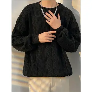 Men's Crewneck Sweater Casual Cable Knit Pullover Sweater Drop Shoulder Solid Knitted Sweaters