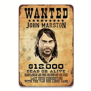 John Marston Wanted Fugitive Metal Sign - Vintage Rustic Wall Art, Waterproof Tin Poster For Bars, Cafes, Garages For Man Caves - "Dead Or Alive" Bounty Notice With Van Gogh-Inspired Illustration - Durable Iron Decor Perfect For Room Decoration Hand Photo