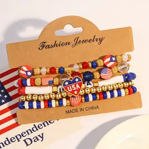 5PCS Patriotic Bracelet Set for Women – Red White Blue Beaded Stretch Bracelets with Heart Charm, American Flag Jewelry for Independence Day, Memorial Day & Everyday Wear