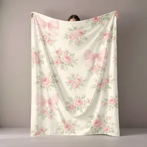 1pc 280Gsm Home Pink Rose Pink Bow Green Leaf Pattern Large Flannel Blanket for Sofa Bed Car Outdoor Garden Warm Blanket Durable Birthday Celebration